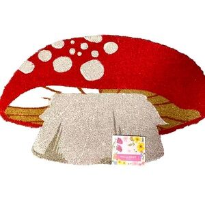 Happy Magic Mushroom Outdoor Natural fiber Doormat. Red Mushroom shape